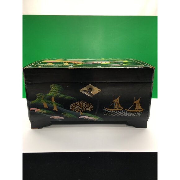 Vintage Japanese Lacquered Music Jewelry Box with Key Black 1950s - Sound Works - Picture 4 of 16